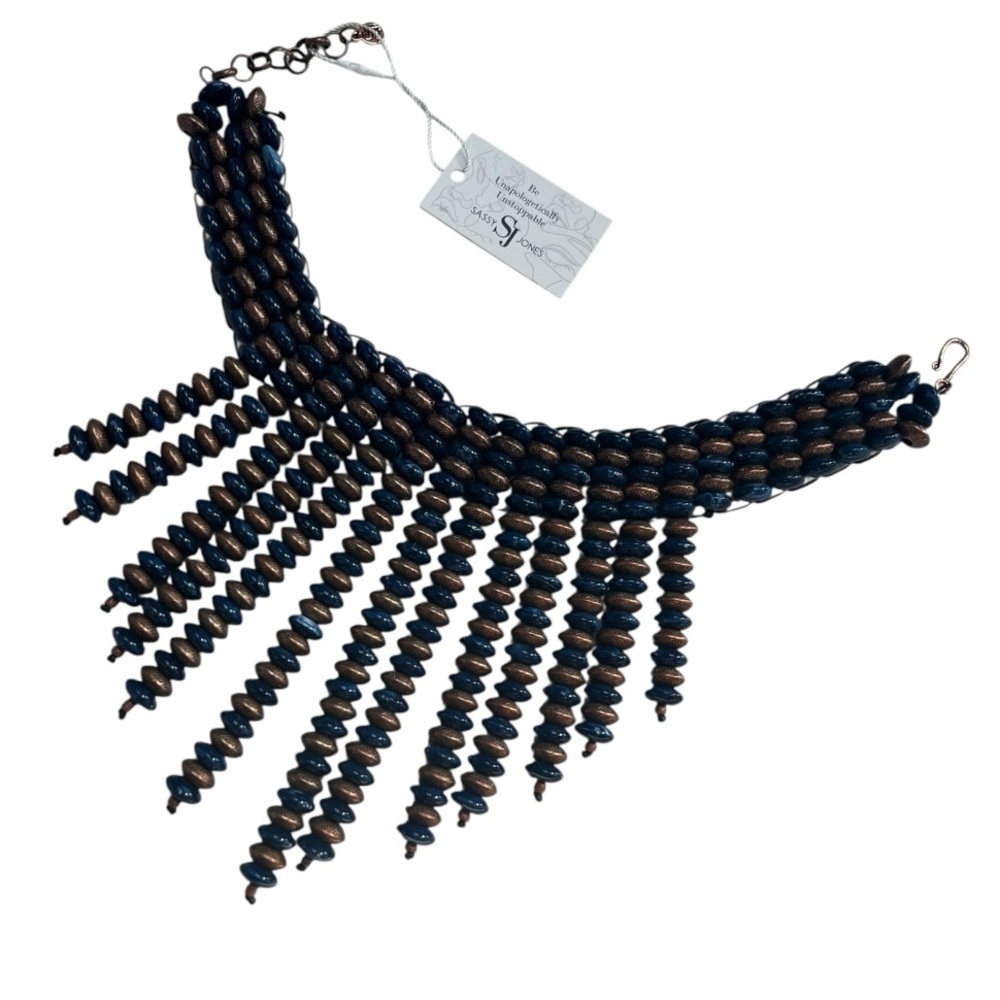 NWT Sassy Jones Royal Blue Gold Ebony Bob Necklace